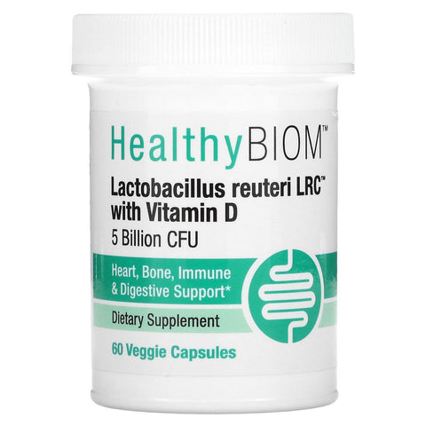 HealthyBiom, Lactobacillus Reuteri LRC with Vitamin D, 5 Billion CFUs, 60 Veggie Capsules - Medaid International