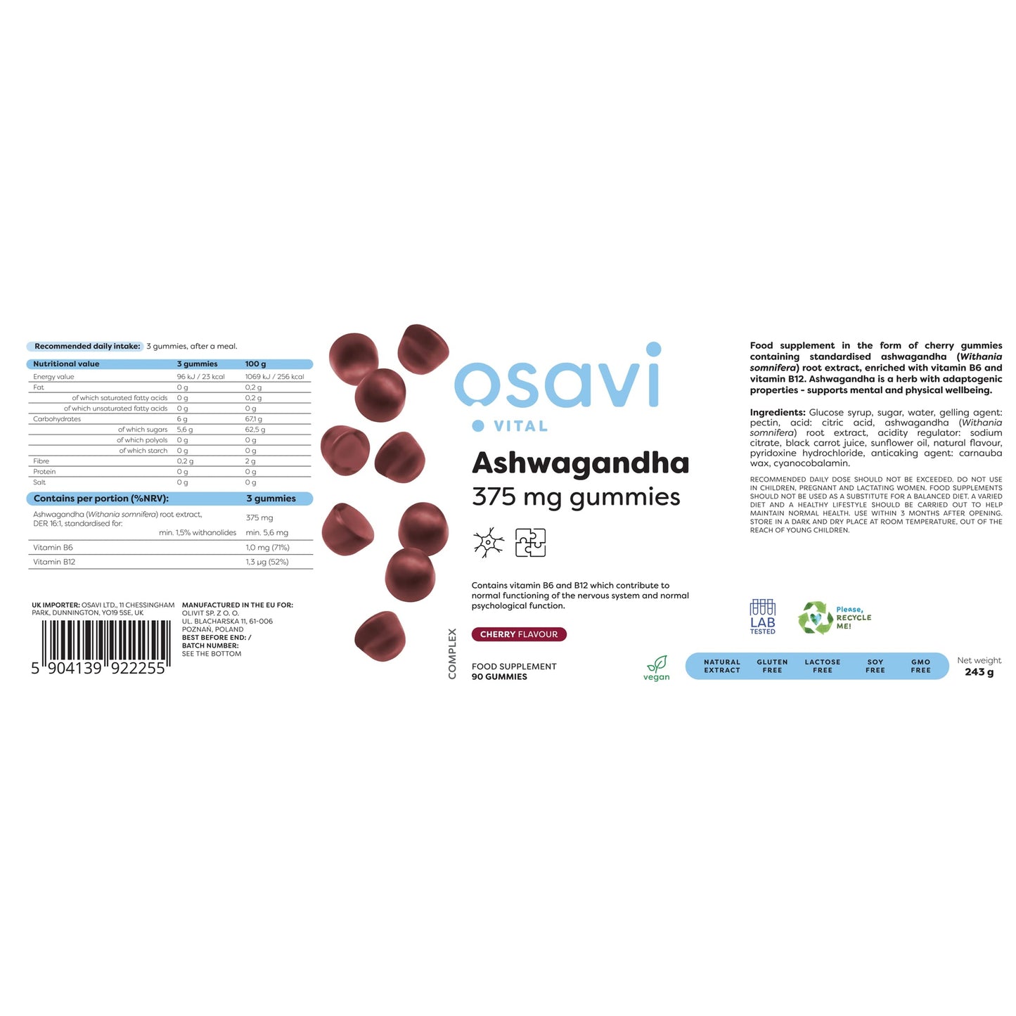 Ashwagandha 375mg Osavi Gummies Cherry - 90 gummies - Medaid - Lebanon