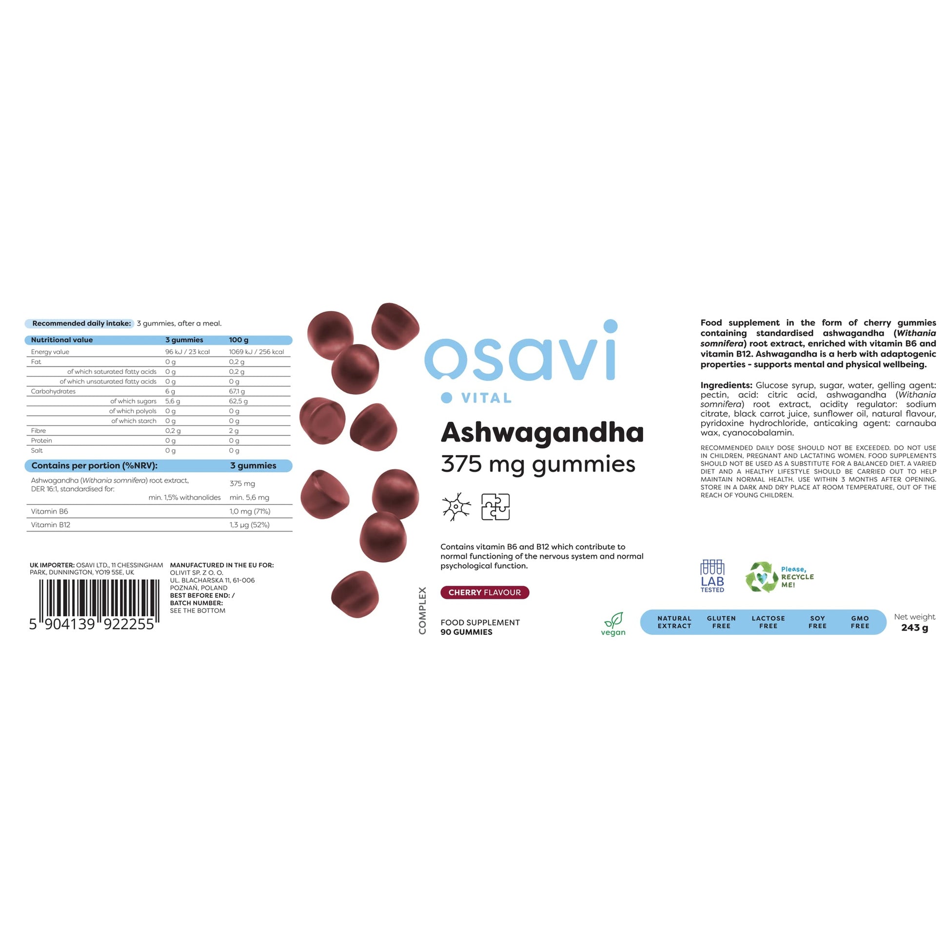 Ashwagandha 375mg Osavi Gummies Cherry - 90 gummies - Medaid - Lebanon