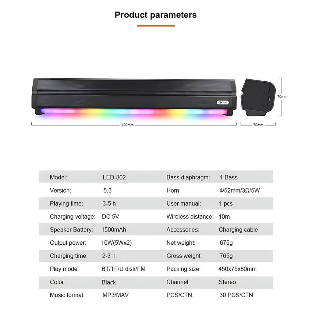 Kisonli LED-802 RGB Wireless Bluetooth Speaker 5.3 Retro Sound bar - Medaid International
