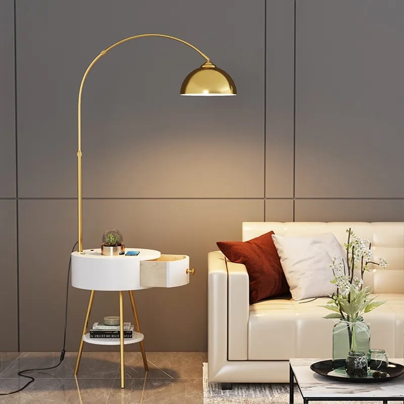 Modern End Table Arched Floor Lamp with Shelves and Drawer for Living Room, Bedroom - Medaid International