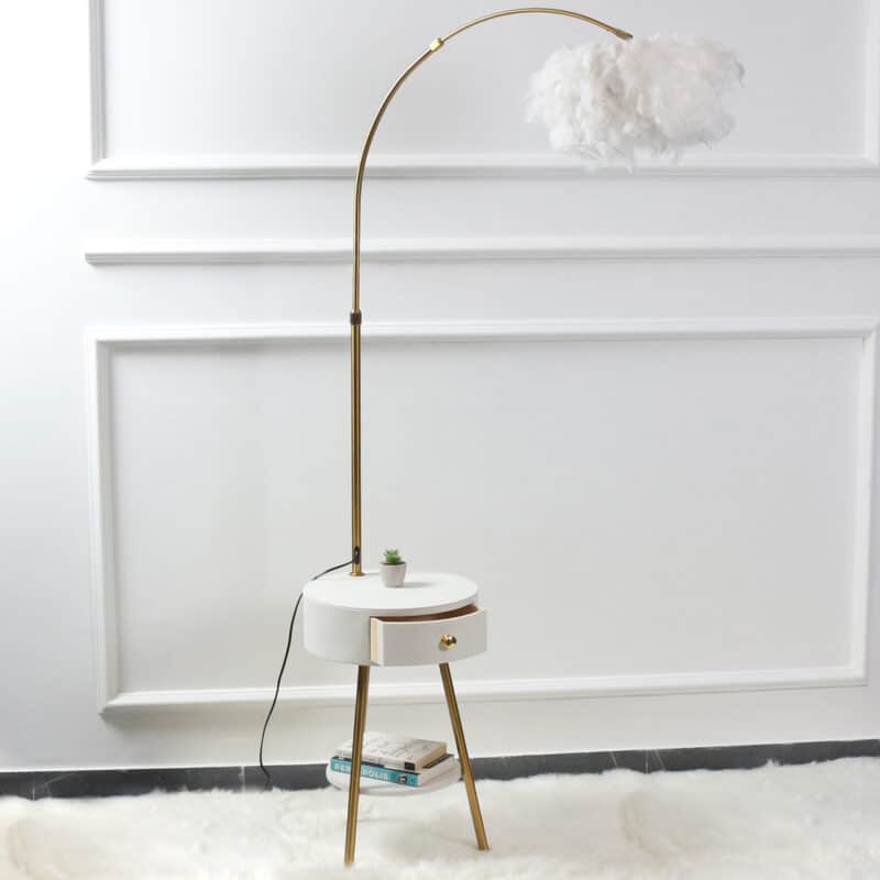 Modern End Table Feather Arched Floor Lamp with Shelves and Drawer for Living Room, Bedroom - Medaid