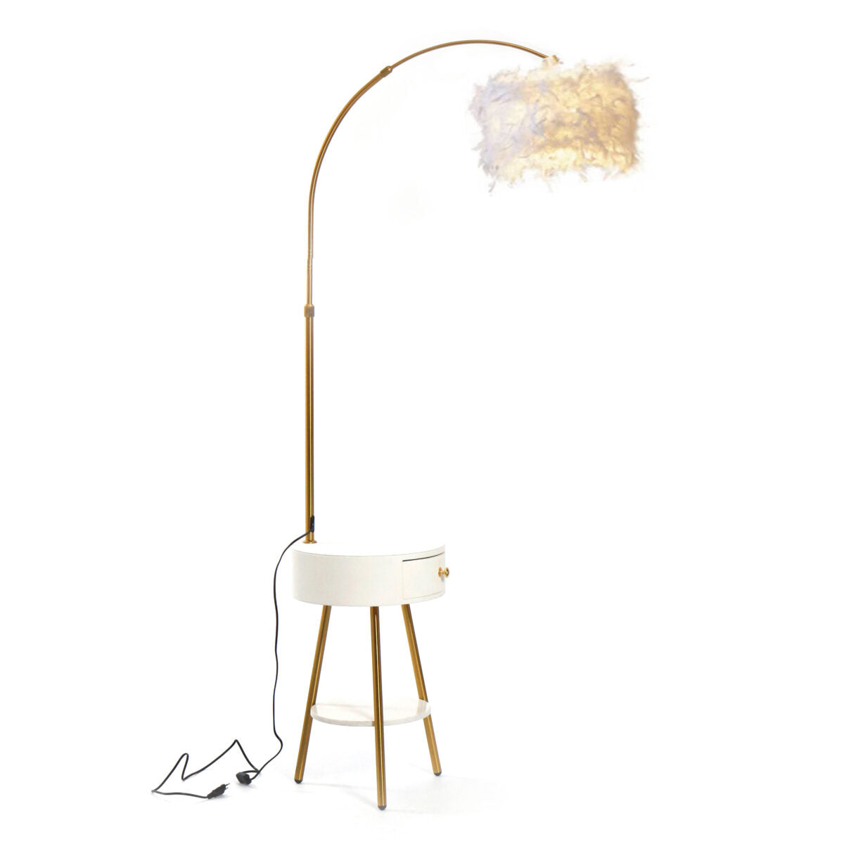 Modern End Table Feather Arched Floor Lamp with Shelves and Drawer for Living Room, Bedroom - Medaid