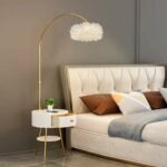 Modern End Table Feather Arched Floor Lamp with Shelves and Drawer for Living Room, Bedroom - Medaid