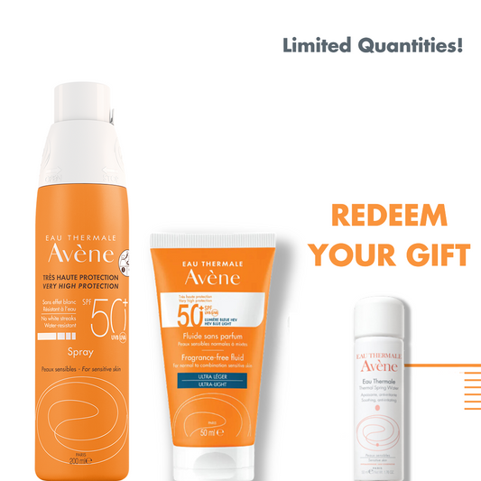Avène Very High Protection SPF 50+ Fragrance-Free Fluid Ultra-Light + AVENE SPRAY 200 ML SPF 50+ NF + Eau Thermale 50ml (Gift) - Medaid