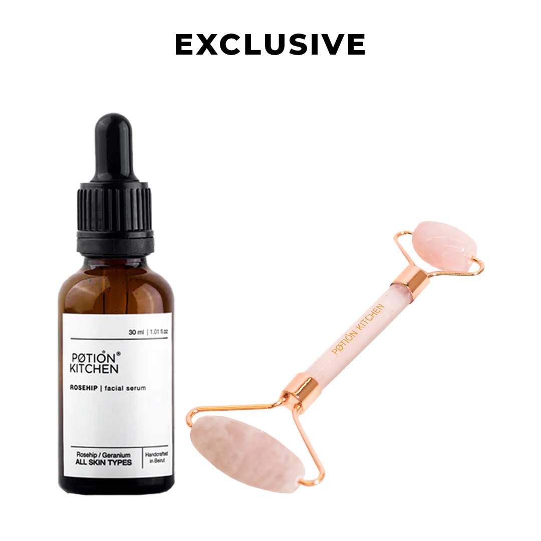 15% OFF: Rosehip Geranium Facial Serum - All Skin Types - 30ml + Rose Quartz Skin Roller - Medaid