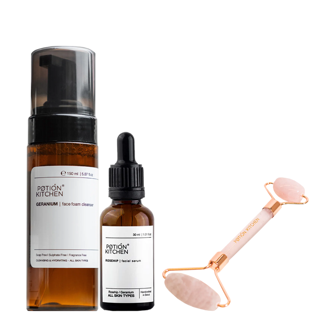 15% OFF:  Rosehip Facial Serum 30ml + Potion Kitchen Geranium Face Foam Cleanser + Rose Quartz Skin Roller - Medaid