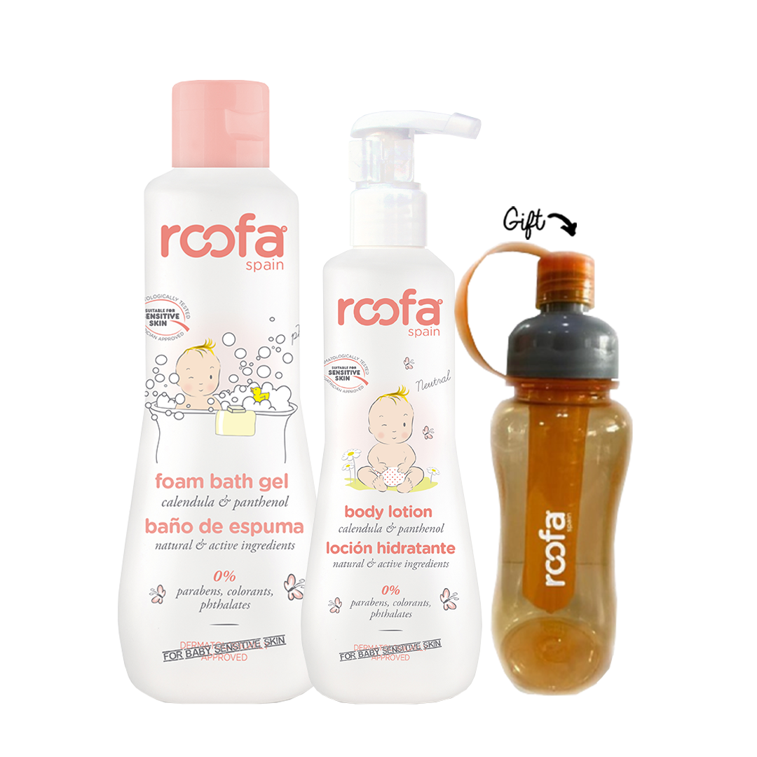 Foam Bath Gel Roofa Calendula & Panthenol + Body Lotion Roofa + Roofa water bottle GIFT - Medaid