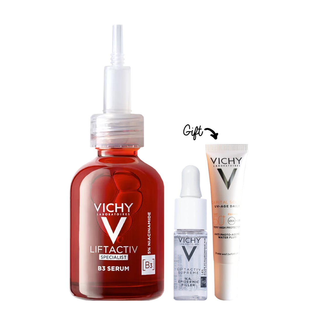 LiftActiv Specialist B3 Anti Aging Serum for Dark Spots & Wrinkles 30ml +  Liftactiv H.A Epidermic Filler Mini 10ML & UV Age Daily 15ml (Gift) - Medaid