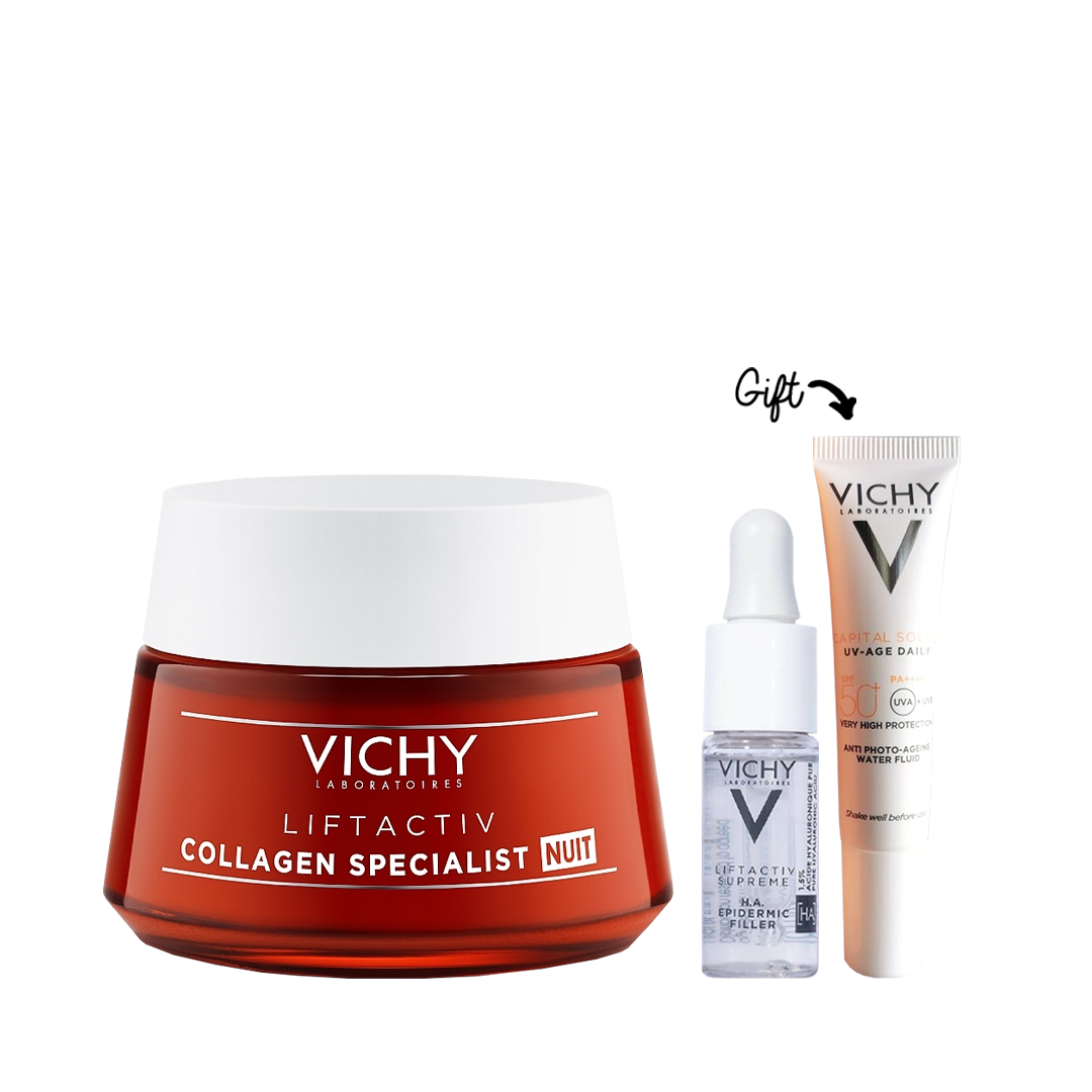 Liftactiv Specialist Collagen Night Cream 50ml + Liftactiv H.A Epidermic Filler 10ML & UV Age Daily 15ml (Gift) - Medaid