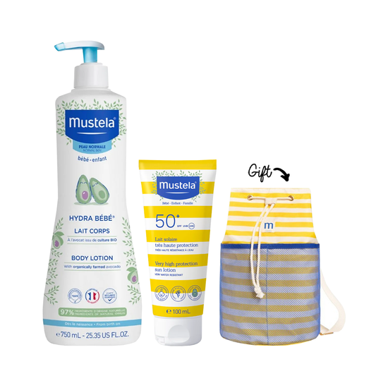 Buy Hydra Bébé® Body lotion 300ML + Mustela Very high Protection Sun Lotion 100ml Get FREE Mustela Summer Pouch