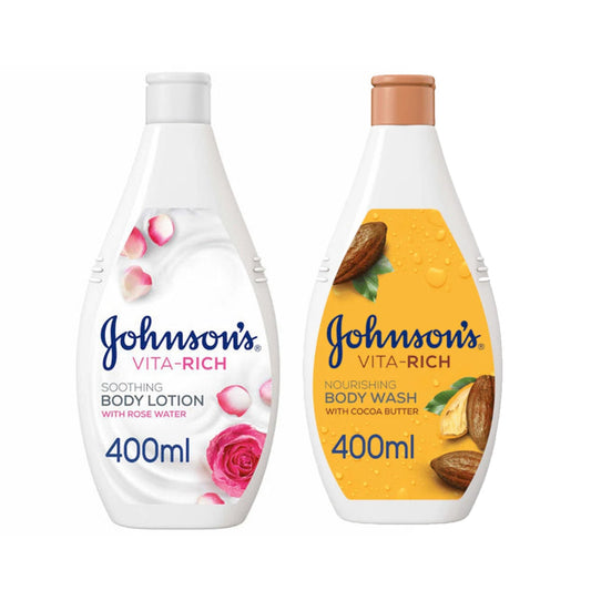 15% OFF Johnson's Vita-Rich Body Wash Cocoa Butter 400ml + Johnson and Johnson Body Lotion Vita-Rich Soothing Rose Water 400ML - Medaid