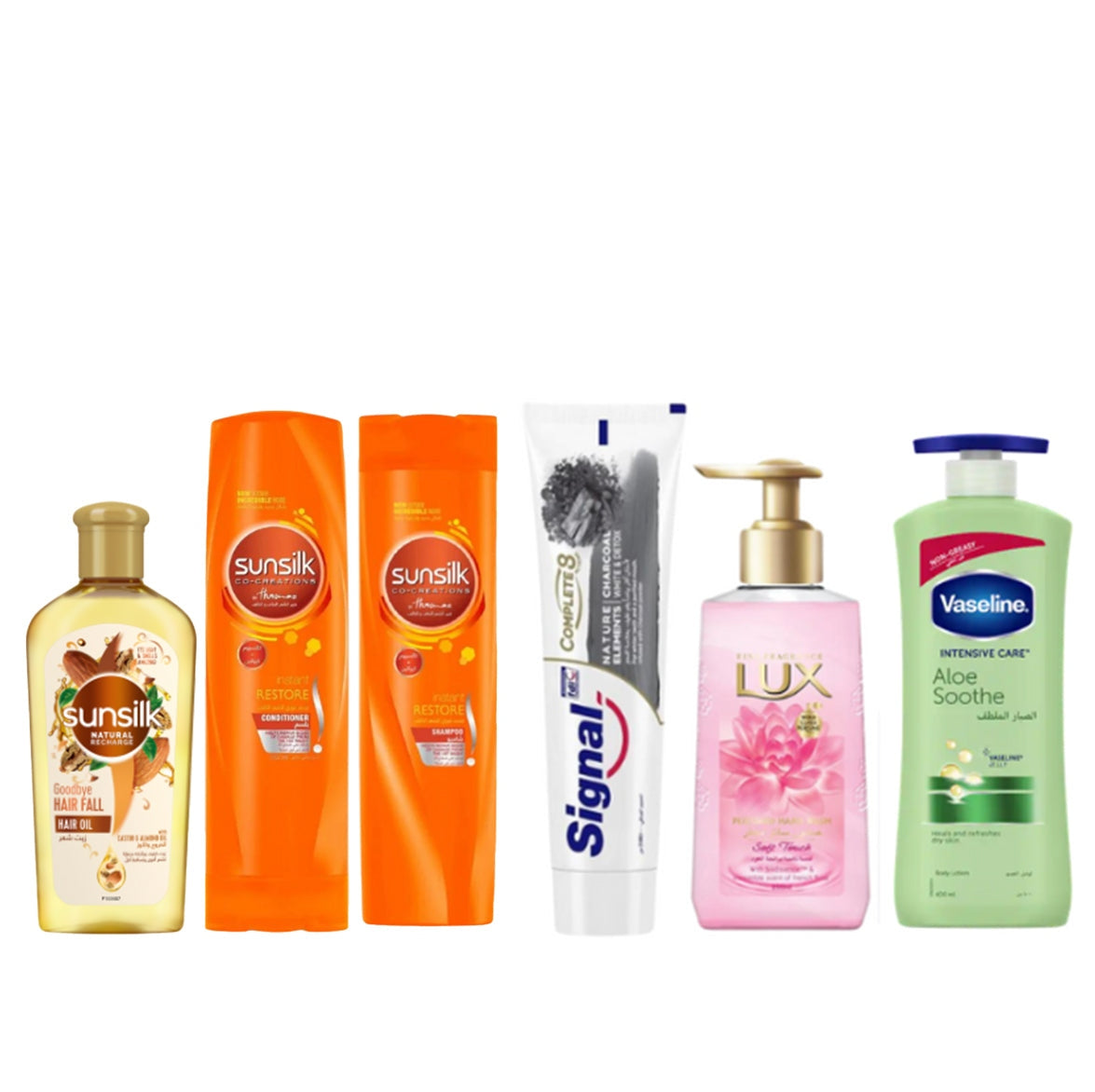 Sunsilk Hair Oil Caster And Almond + Sunsilk Instant Repair Conditioner + 350ml Sunsilk Instant Repair Shampoo 350ml + Complete 8 Charcoal 2in1 Toothpaste 100ml + Lux Hand Wash Soft Touch 500ml + Vaseline Lotion Aloe Soothe - Medaid