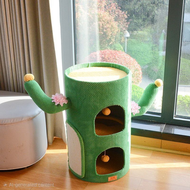 Unique Cactus Cat Tree & Scratcher – Two-Level Condo with Plush Perch & Sisal Post