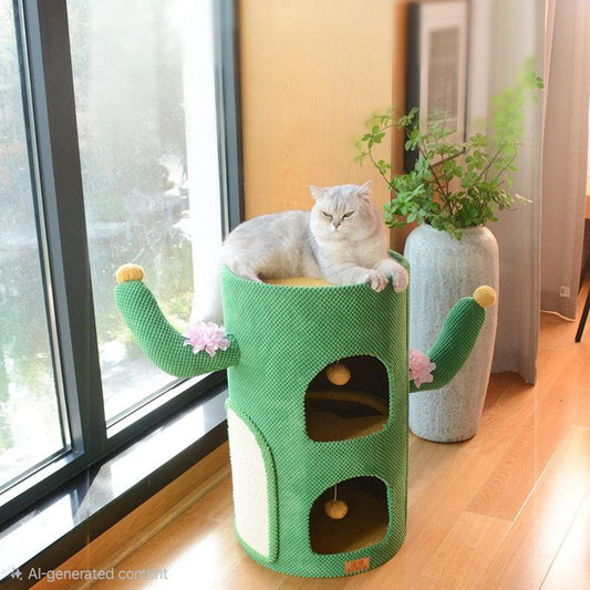 Unique Cactus Cat Tree & Scratcher – Two-Level Condo with Plush Perch & Sisal Post