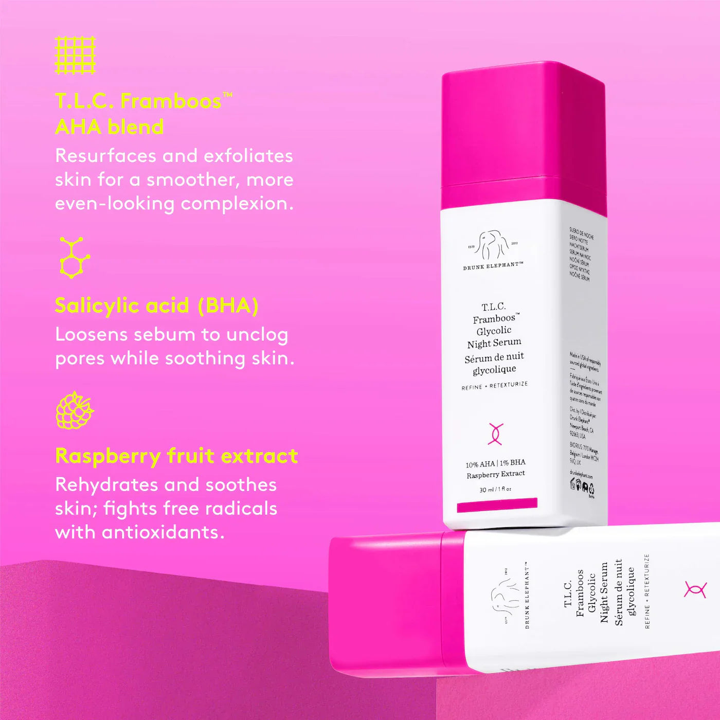 Drunk Elephant - T.L.C. Framboos™ Glycolic Resurfacing Night Serum | 15 mL - Medaid