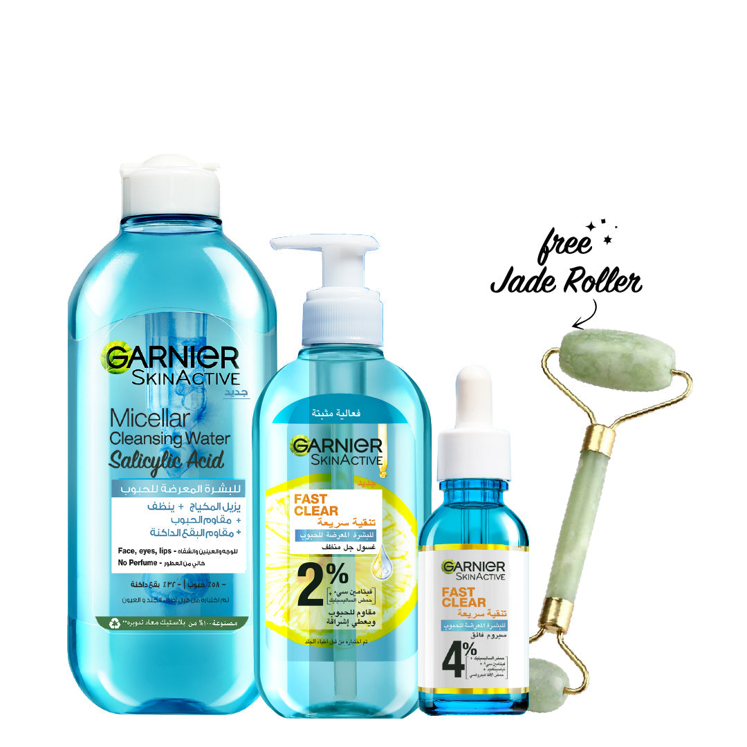 -20% FREE Jade Roller Garnier FAST CLEAR Bundle - Serum + Micellar Water + Gel Wash - Medaid