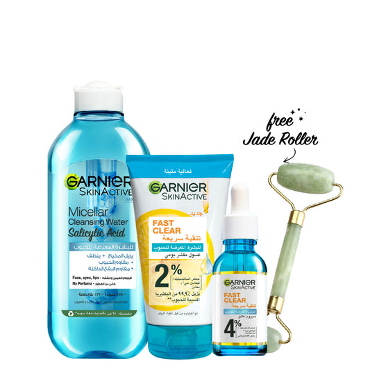 -20% FREE Jade Roller Garnier FAST CLEAR Bundle - Serum + Micellar Water + Exfoliating Wash - Medaid