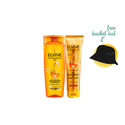 Elvive Extraordinary Oil Shampoo Normal To Dry Hair 400ML + Elvive Extraordinary Oil Replacement 300ML + FREE Bucket Hat - Medaid