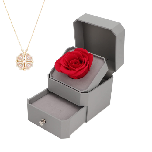 Luxurious Jewelry Box With Eternal Flower Rose + Magnetic Four Heart Necklace - Medaid International