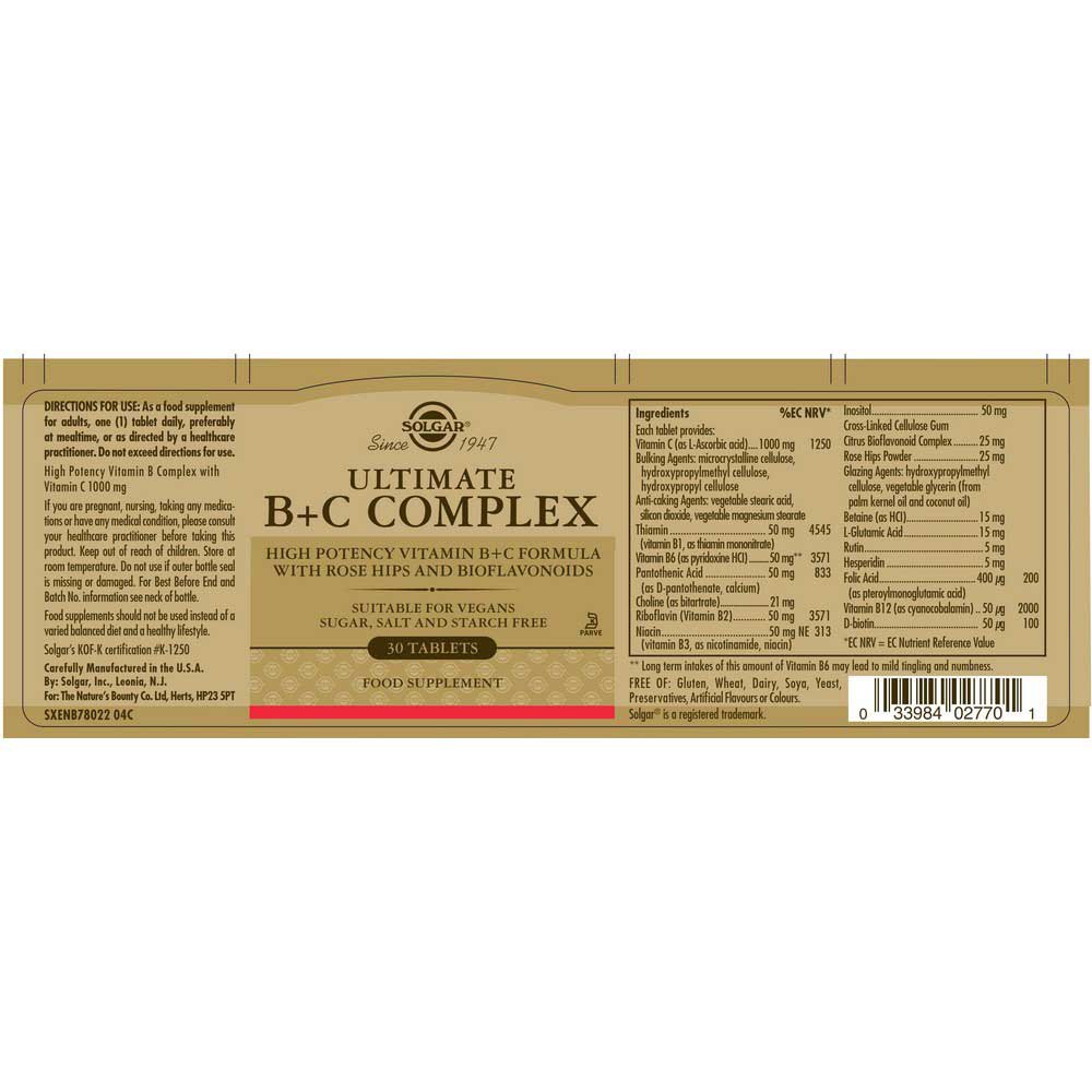 Solgar Ultimate B Plus C Complex Tablets - Pack of 30 - Medaid - Lebanon