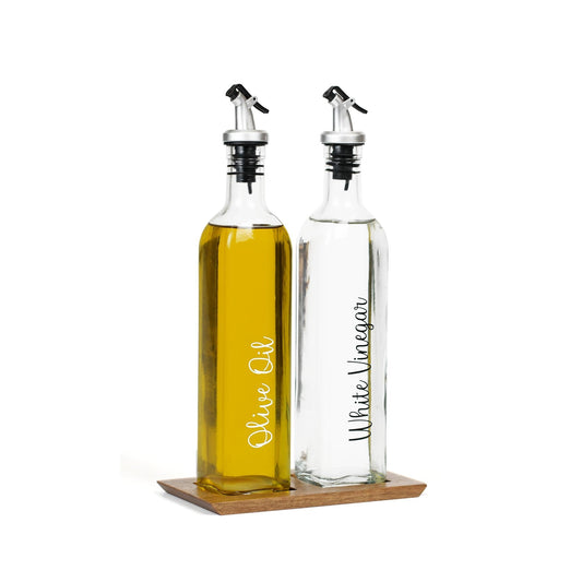 Walnut Duo Organizer W/ Oil & Vinegar Glass Bottle Set